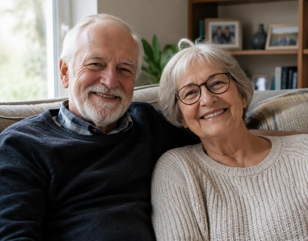 Older couple smiling together at home
