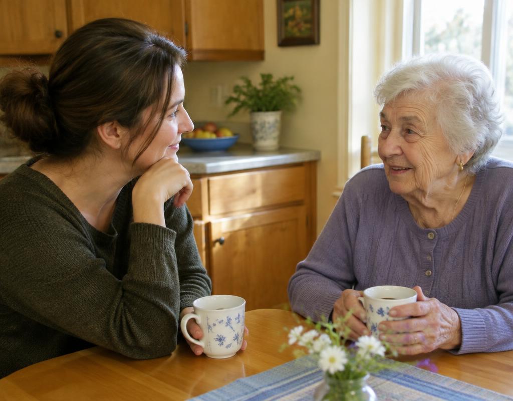 Adult daughter talking with her mother at the kitchen table